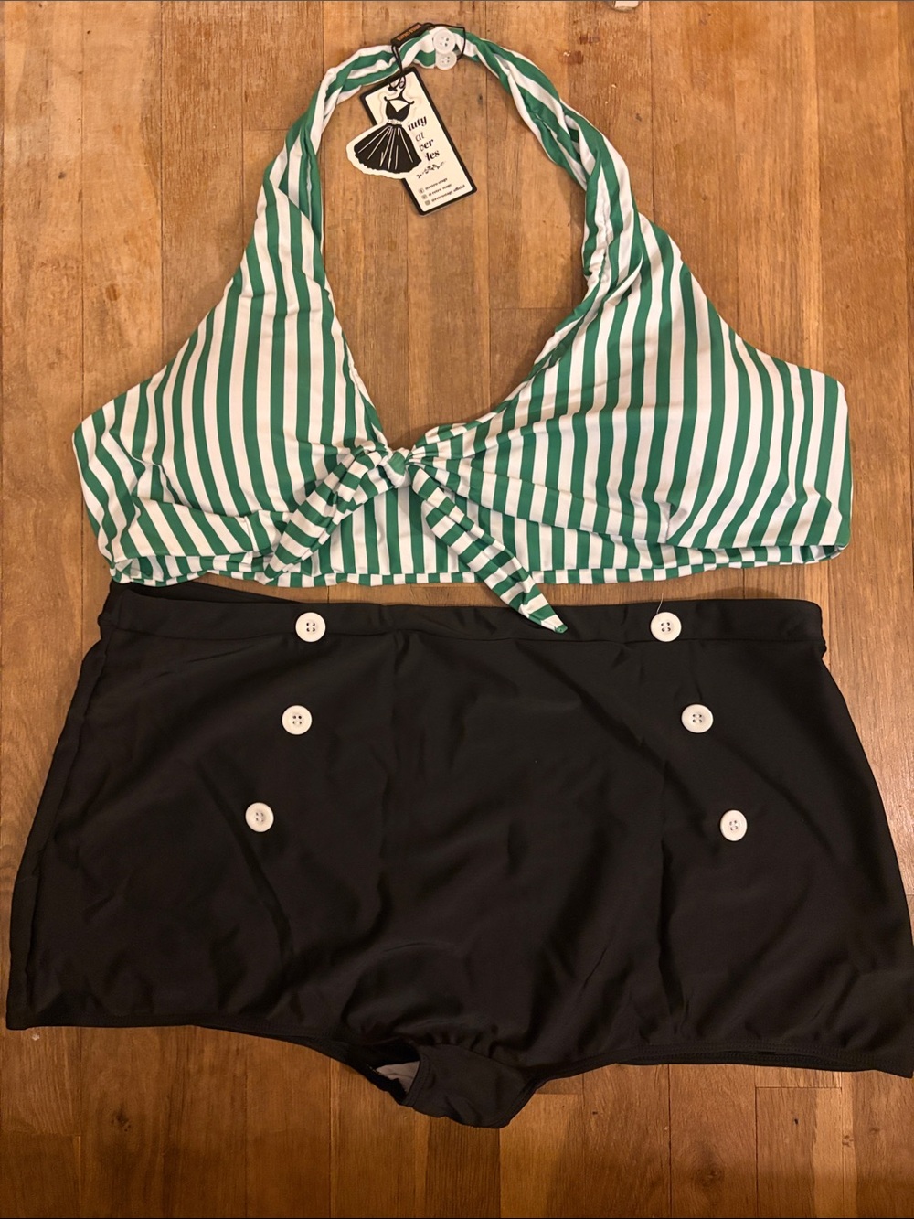 Retro StageGreen & White Striped Halter Bikini Top & Black High-Waist Bottoms 5X